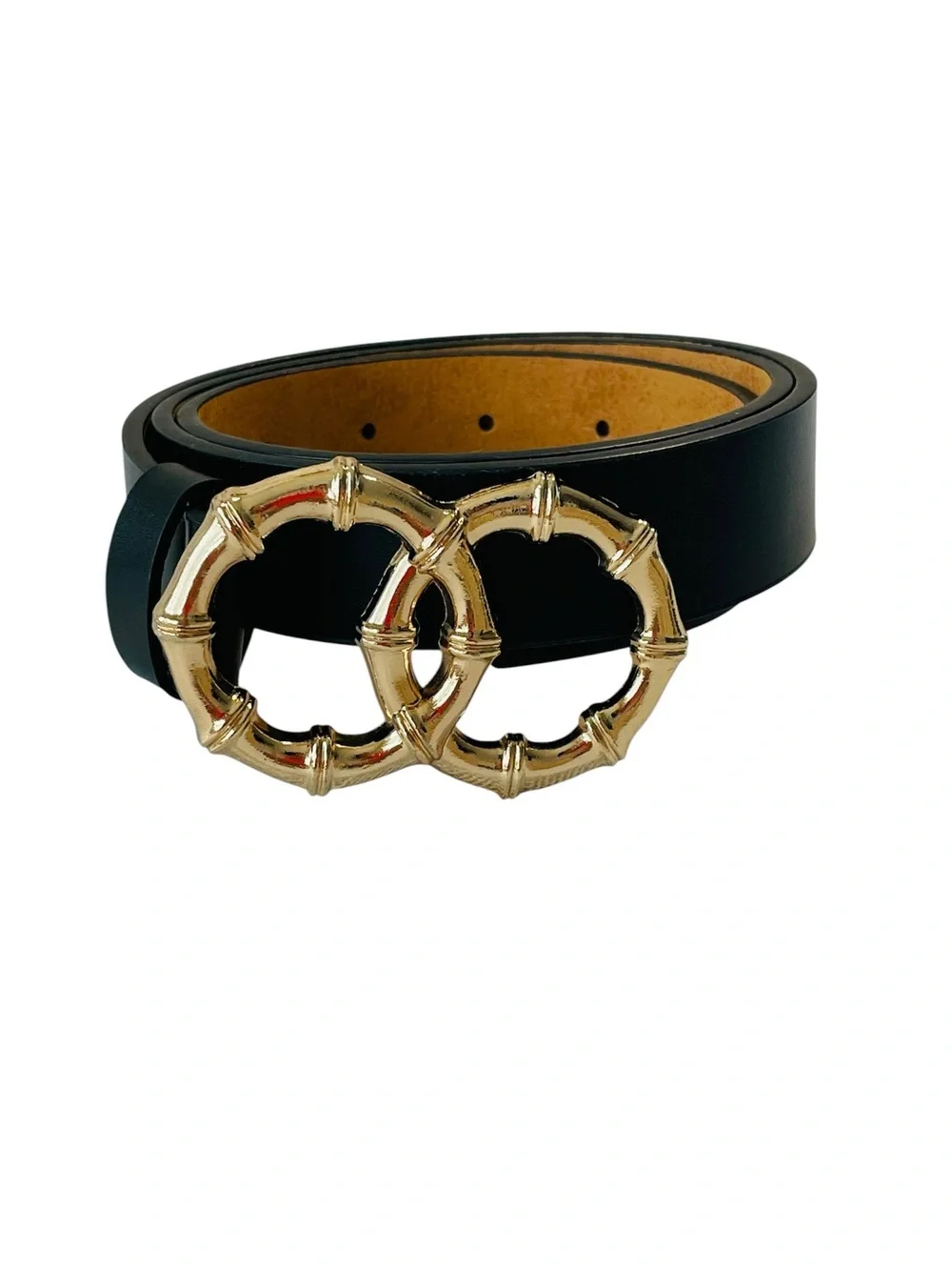 Vince Camuto Black Leather Belt with Gold Double Ring Bamboo Buckle